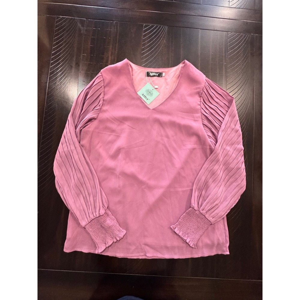 Aifer Mauve Pink V-Neck Blouse Pleated Balloon Sleeve Smocked Cuff Small NWT